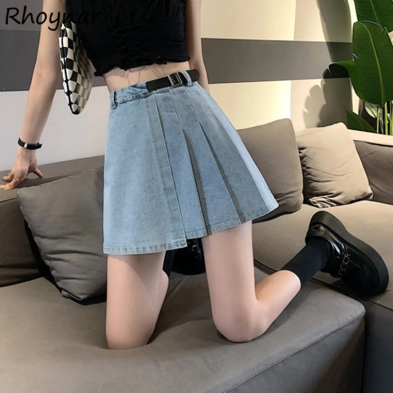 

Denim Pleated Mini Irregular Skirts for Women Streetwear High Waist Retro Summer Y2k Sashes Harajuku Korean Style New Arrival