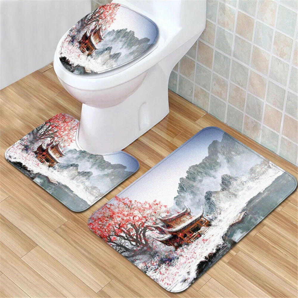 

3ps Aiboduo Tile Mat Floor Carpets Lone Temple In The Snow Pintura De Paisaje Bathroom Set Home Decoration Anti-slip Shower Mat