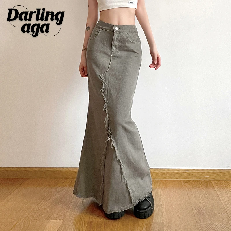 

Darlingaga Harajuku Tassel Stitching Denim Skirt Women Basic Burr Distressed Straight Long Skirts Y2K Grunge Outfits Chic Bottom