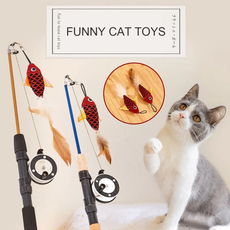 

1Pcs Cat Toys Fish Shape Telescopic Feathers Cat Stick Simulation Fishing Rod Toy Cat Interactive Wand Toy Random Color
