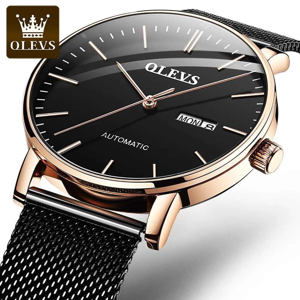 

Мужские ультратонкие автоматические механические часы OLEVS, роскошные минималистичные автоматические часы с отображением даты и недели, Классические деловые мужские наручные часы