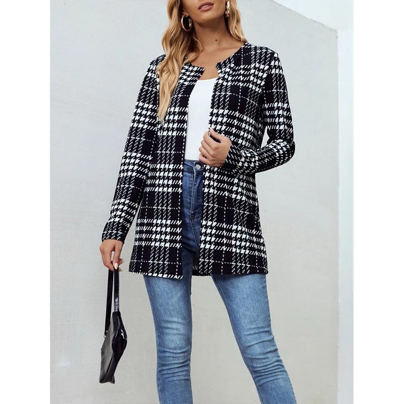 

Fashion Trend Women Plaid Print Cardigan Coat Long Sleeve Elegant Spring Office Lady Casual Streetwear O Neck Thin Woolen Coat