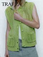 traf za trendy lazy shattered style pockets cutout knit womens vest casual fashion green single breasted ladies sweater vest