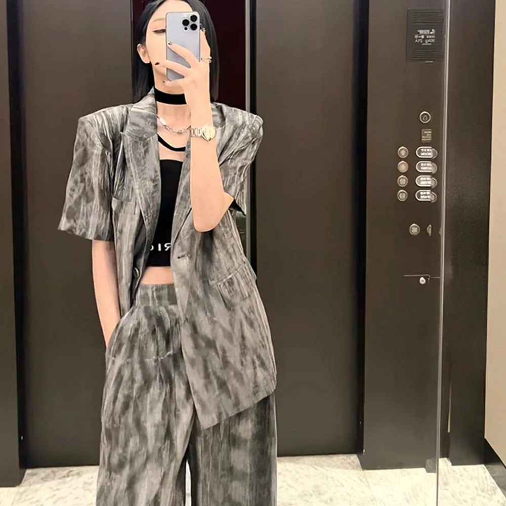 

Summer Ink Wash Print Casual 2 Piece Set Women Blazer Jacket Tops Loose Wide Leg Straight Pant Suit Female Clothes Trousers Sets