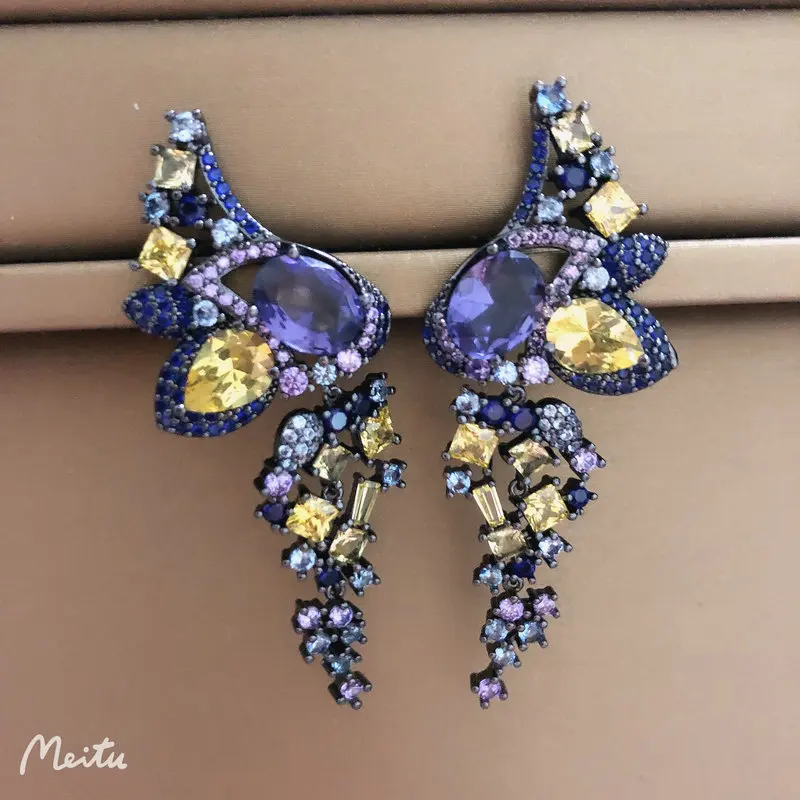 

Bilincolor Fashion Purple and Yellow Cubic Zircon Tassel Earring for Women