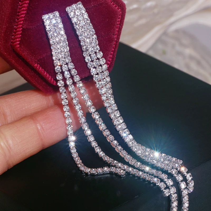 

Elegant Wedding Party Jewelry Fashion Silver Color Long Tassels Dangle Chain Earrings Shiny Rhinestone Crystal Female Earrings