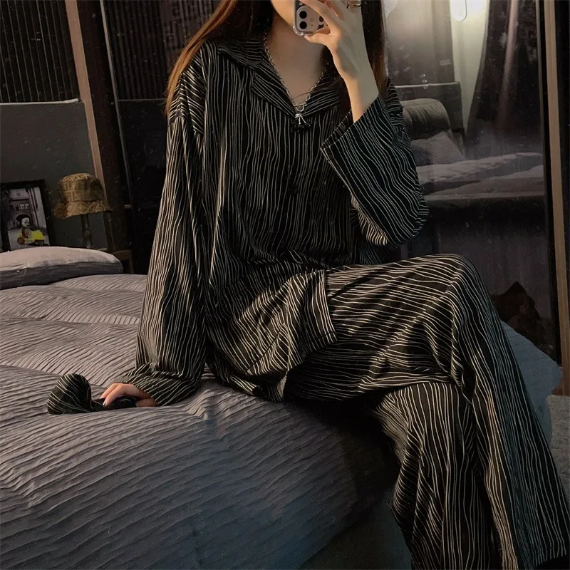 Yasuk Spring Summer Fashion Women's Casual Lovely Solid Plaid Long Short Sleeve Sleepwear Soft Pajamas With Pants Loose Pullover