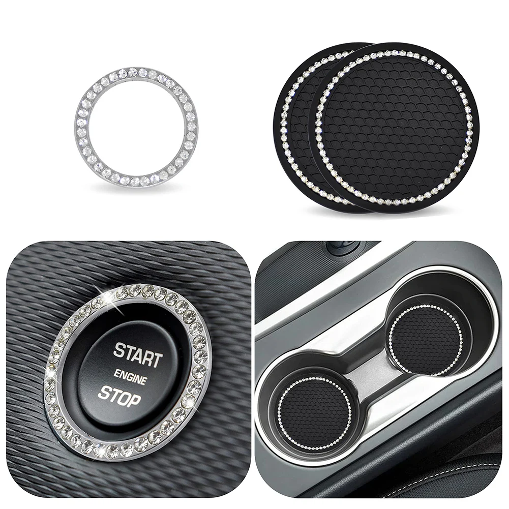 

3x Universal Car Bling Rhinestone Cup Holder Insert 7cm Coaster+ Start Button Trim Interior Trim Decoration Mouldings Parts