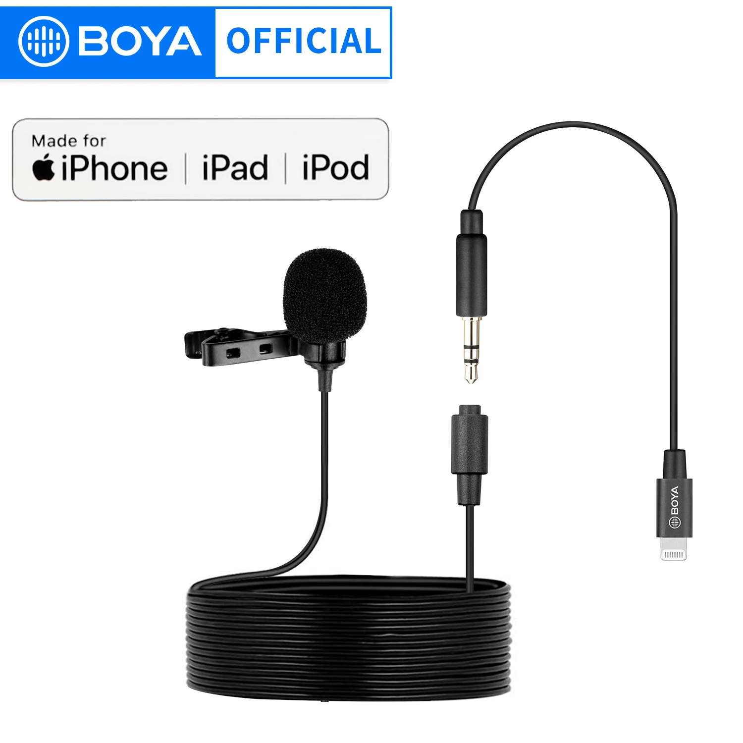 BOYA BY-M2 Lavalier Lapel Clip-on Microphone Cardioid Mic with 3.5mm TRS Cable Detachable Single Head Compatible for Smartphone