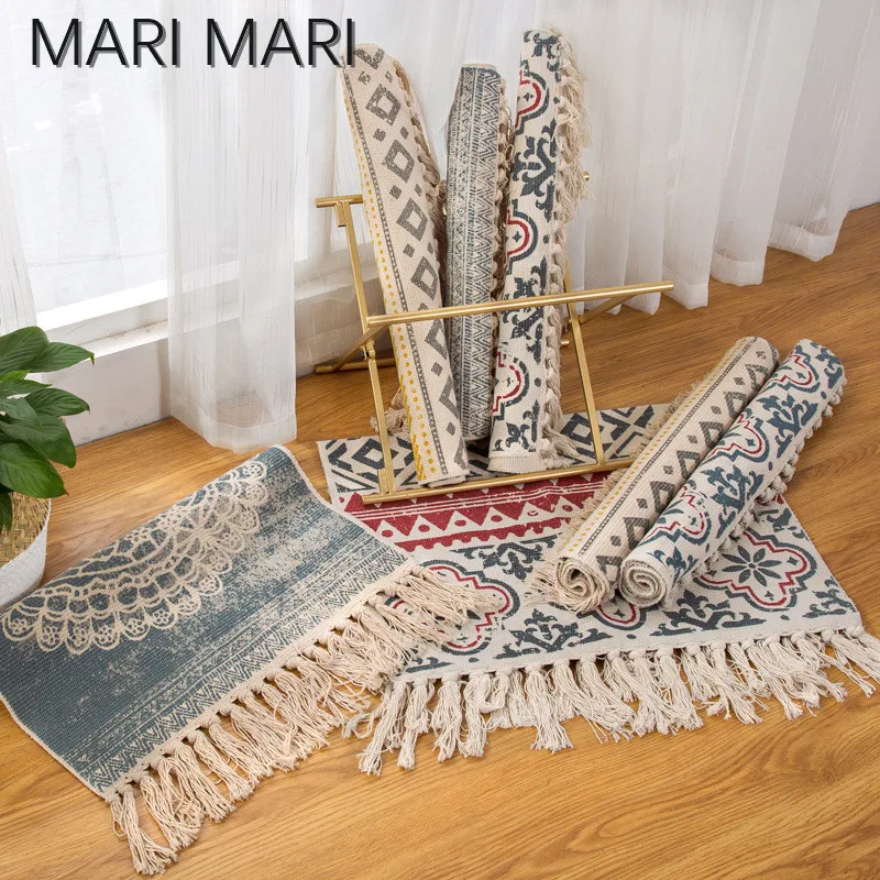

Вязаный плед из хлопка и льна в скандинавском этническом стиле, ковер с кисточками, маленький ковер, коврики для спальни, кухни, коврик в сти...