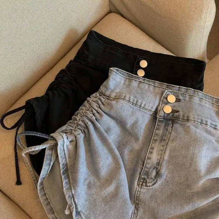 Strap and Drawstring Denim Shorts for Women High Waisted Slim Short Jeans Wide Leg Pants A-line Hot Pants Pantalones Cortos 2023