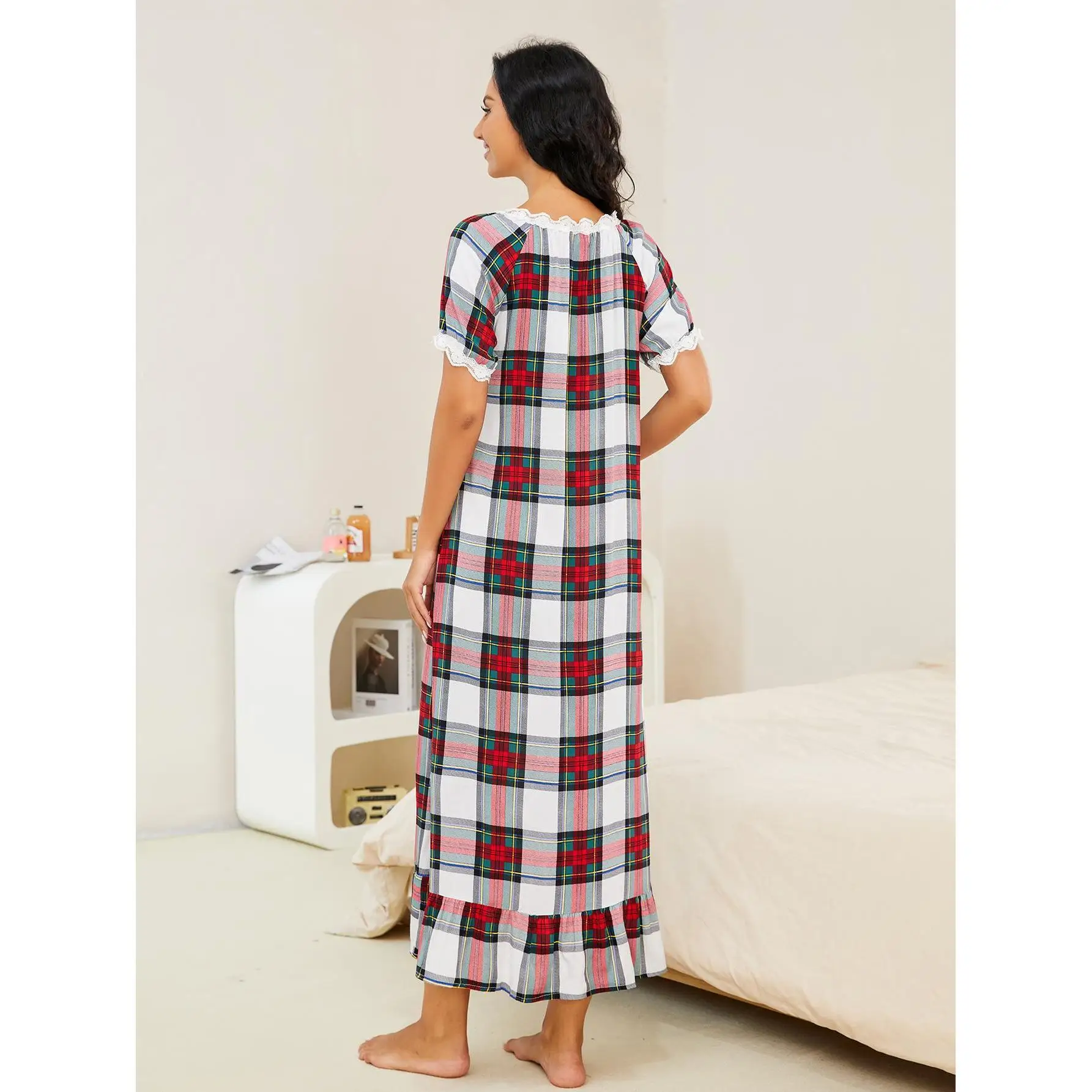 Spring and Autumn Plaid Short-sleeved Nightdress Women Can Wear One-piece Home Service Pajamas Night Wears for Women