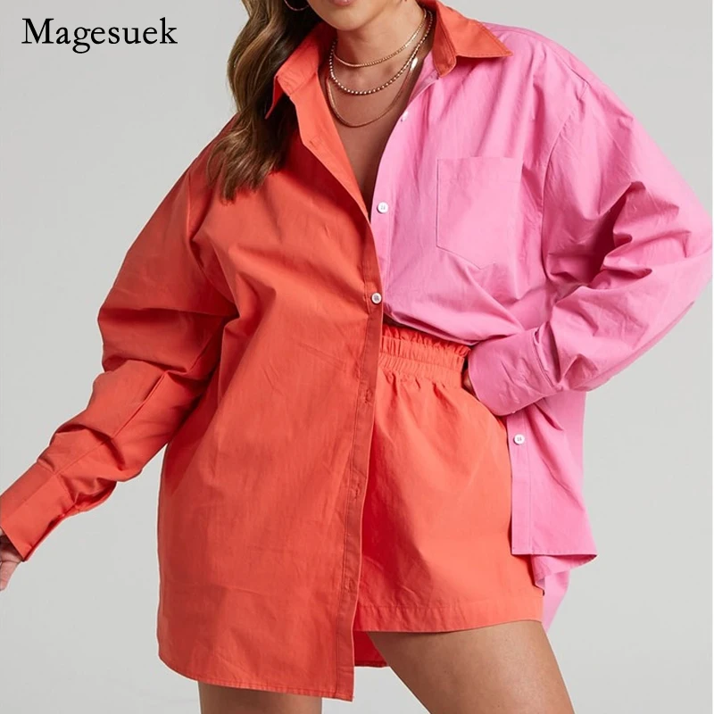 

Loose Casual Suit Streetwear Two Piece Outfits Long Sleeve Butotn Women Shirt and Shorts Suit Solid Fashion Female Sets 21359