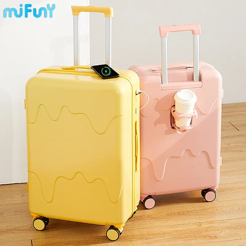 MiFuny Ice Cream Rolling Luggage with USB Charge Port Carry on Luggage with Wheels Boarding Suitcase Set Travel Luggage Trolley