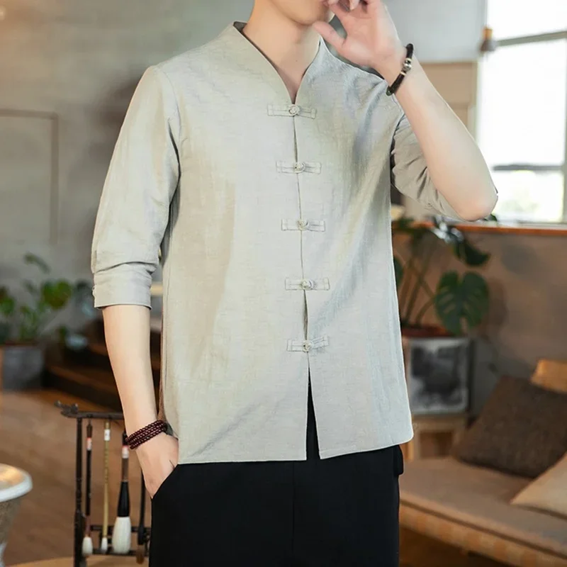 Новинка 2024 мужские топы в китайском стиле льняной костюм Тан однотонная