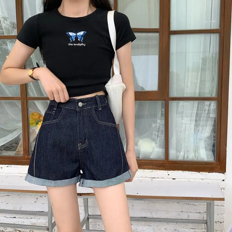 High Waist Dark Blue Wide Leg Pants Summer New Loose Patchwork Versatile Shorts Korean Casual Fashion Women Clothing