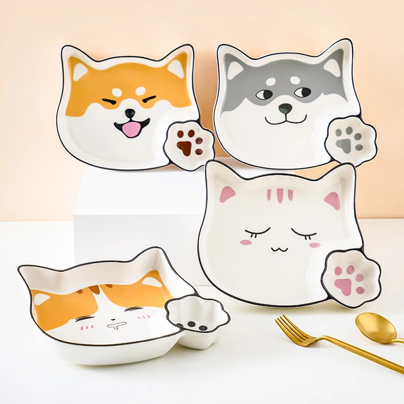 

Cute Dumpling Plate With Sauce Compartment Ceramics Kawaii Cat Shiba Inu Fruit Dessert Snacks Decorative Dish Kitchen Tableware