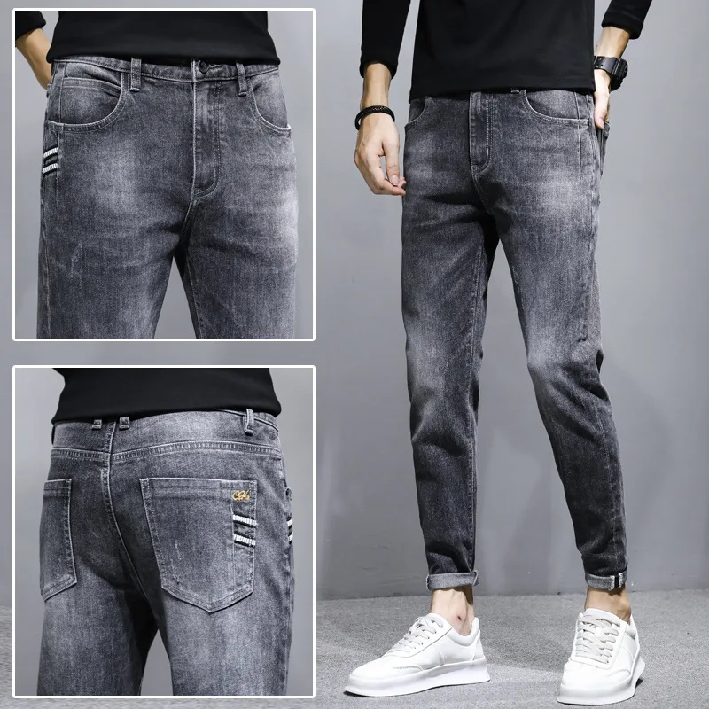 

Denim Jeans Men's Brand 2022 Spring Summer Korean Fashion 28-38 Elastic Slim Small Feet All-match Long Cowboy Pencil Pants Men
