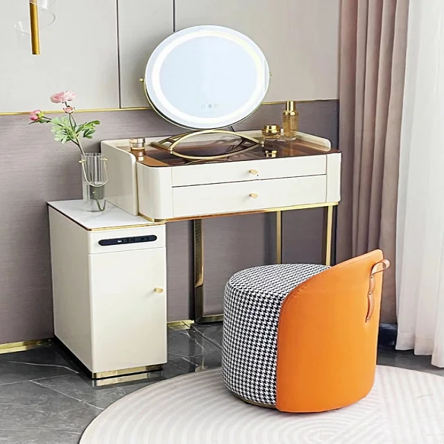 

Simple Modern Silver Dresser with Mirror Stool Set Furniture Bedroom Dressing Table