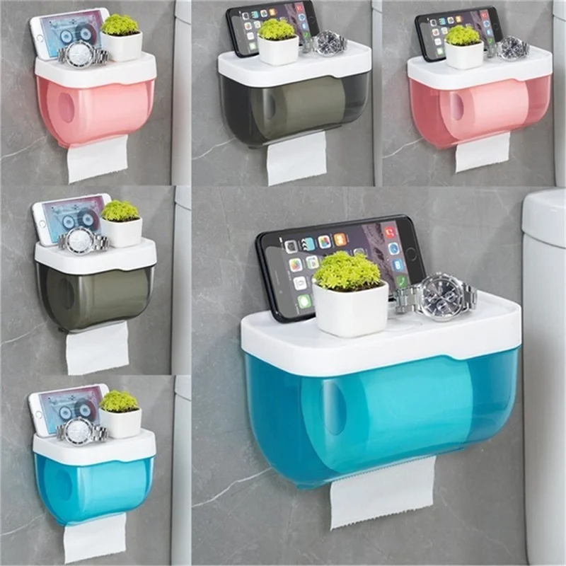 

Wall Mount Toilet Paper Holder Waterproof Mobile Phone Storage Shelf Toilet Paper Storage Rack Tissue Bathroom Box 3 Colors