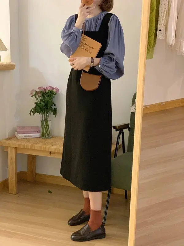 Костюм из двух предметов: Корейская Милая рубашка + маленькая юбка на бретелях