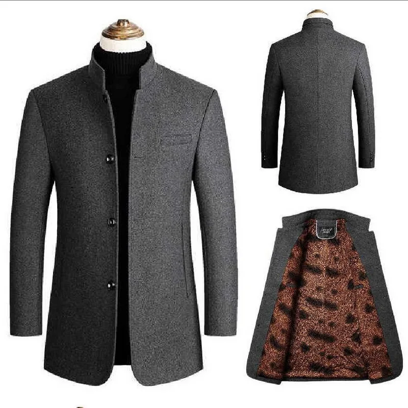 Woolen Men Wool Coat Thick Velvet Tunic Collar Woolen Overcoat Long Blend Coat Woolen Coat Winter Coat Men