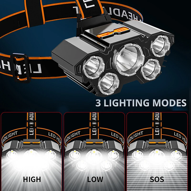 

5 LEDs Headlamp Rechargeable Head Light Powerful Head Lamp with Built-in Battery Flashlight for Outdoor Camping Fishing