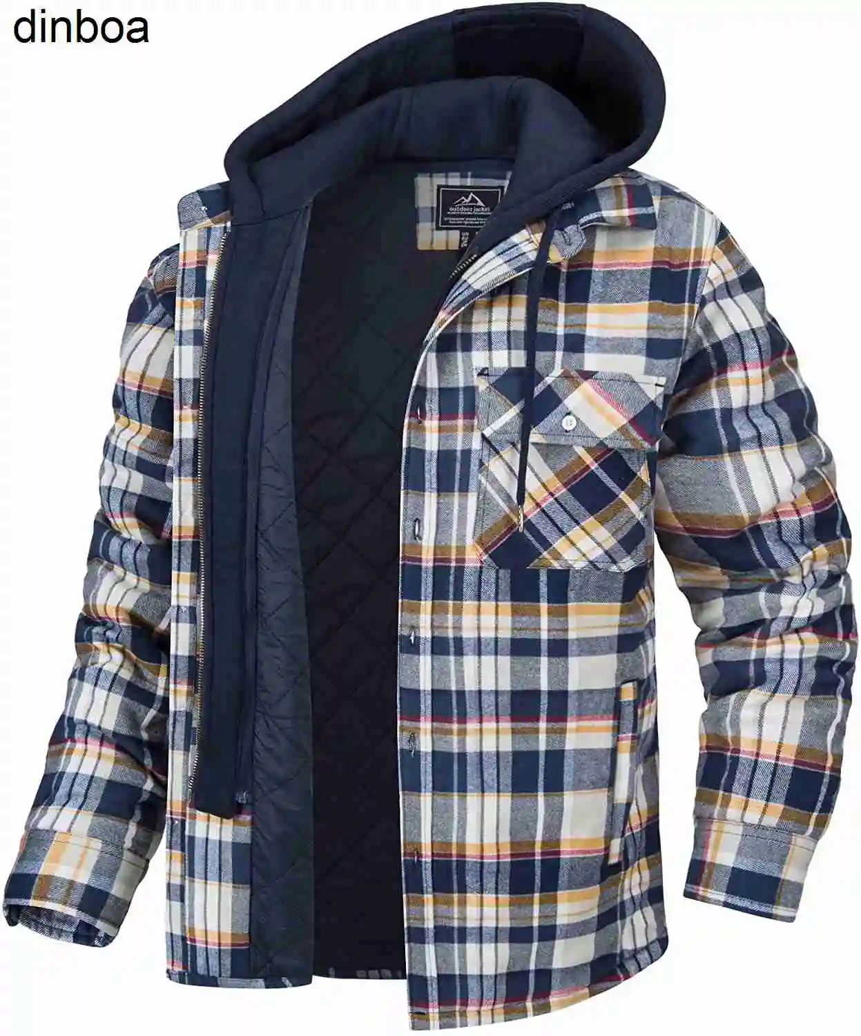 

Men's Windproof Jacket Hooded Plaid Quilted Lined Coat Winter Thicken Fleece Cotton Shirts Long Sleeve Winter Jacket Coatoutwear