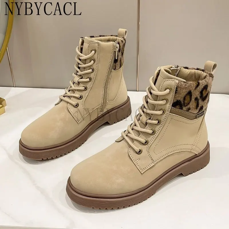2023 New  Boots Women Suede Leather Women's Boots Mid-heel Flat Short Boots Winter Autumer Fashion Boots Leopard print border