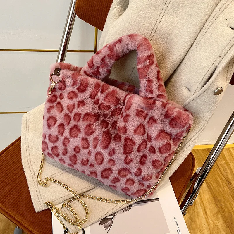 

Winter Cute Leopard Zebra Pattern Women's Plush Bag Design Soft Warm Faux Fur Tote Ladies Chain Shoulder Messenger Bag Female