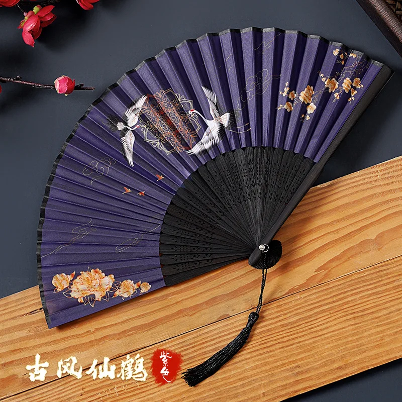 

Большой складной ручной вентилятор в китайском стиле, японский винтажный 13-дюймовый традиционный кран из шелковой ткани и бамбука диаметром 33 см с лентой