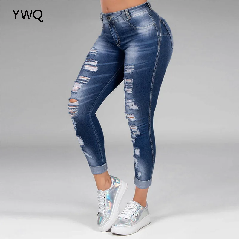 

Женские джинсы-стрейч с высокой посадкой, винтажные рваные узкие брюки с дырками