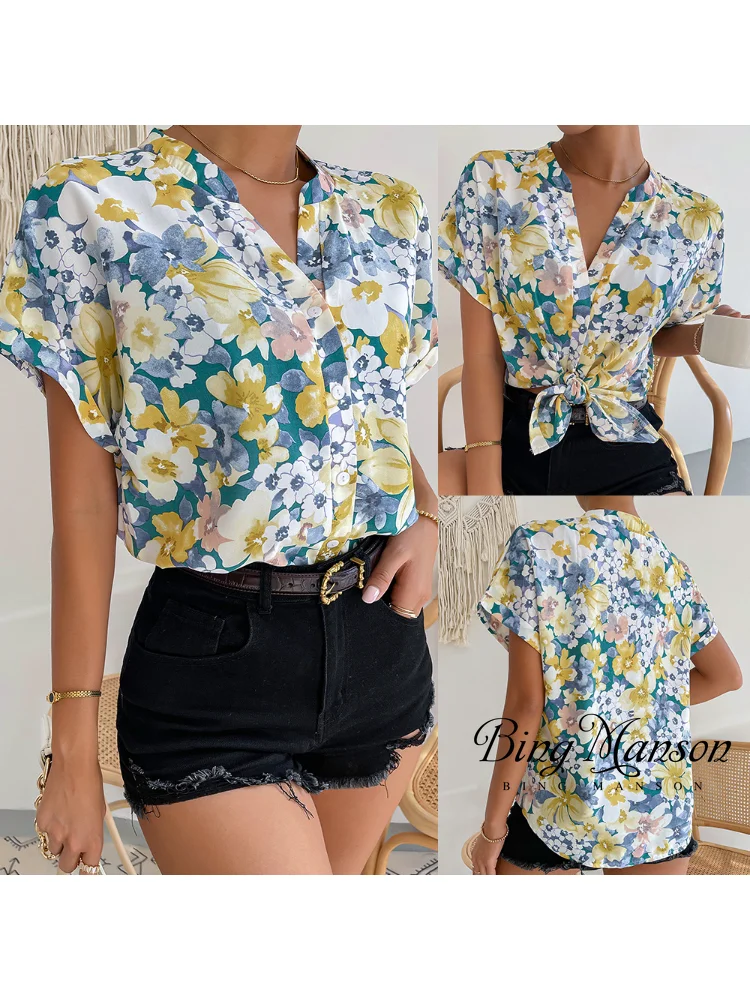 

2023 Korean Summer Leisure Fashion Printing Holiday Style Women's Shirt Top Street Clothing Harajuku Y2k Top Goth Vintage