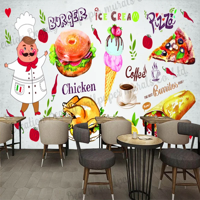 Hand Painted Hamburger Chicken Pizza Wallpaper Industrial Decor Mural Fast Food Restaurant Snack Bar Background Wall Papel Tapiz images - 6