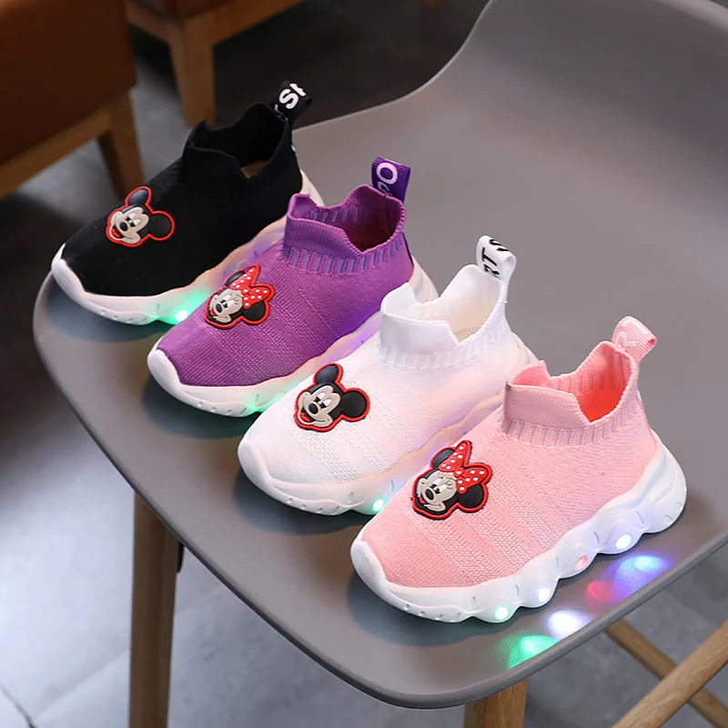 Hot Sales LED Lighted Cartoon Slip On Minnie Mickey Mouse Boots Baby Boys Girls Shoes High Quality Infant Tennis First Walkers
