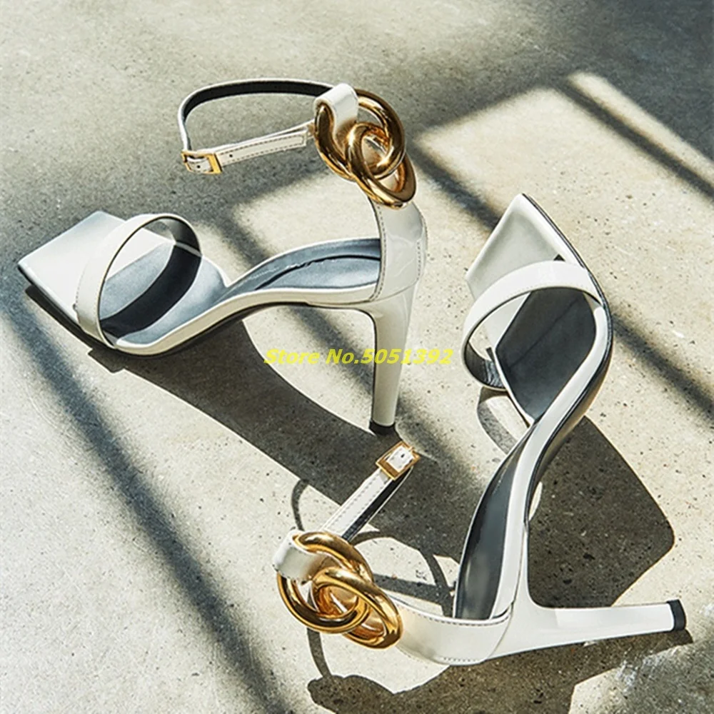 

White Square Toe Sandals Cover Heel Metal Buckle Ankle Strap Fashion Runway Women Shoes Black Stiletto High Heel Newest Shoes