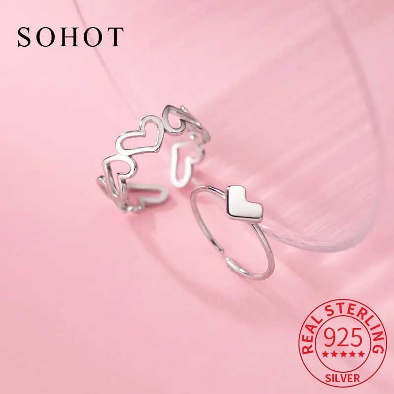 

Fashion 925 Sterling Silver Hollow Heart Adjustable Ring For Fashion Women Party Cute Fine Jewelry Minimalist Accessories