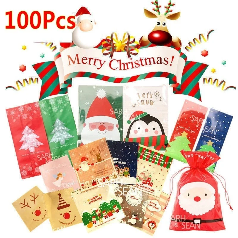 

100Pcs Santa Claus Christmas Tree Elk Plastic Bags Transparent Clear Gift Bags Christmas Gift Baking Candy Cookie Packaging Bags