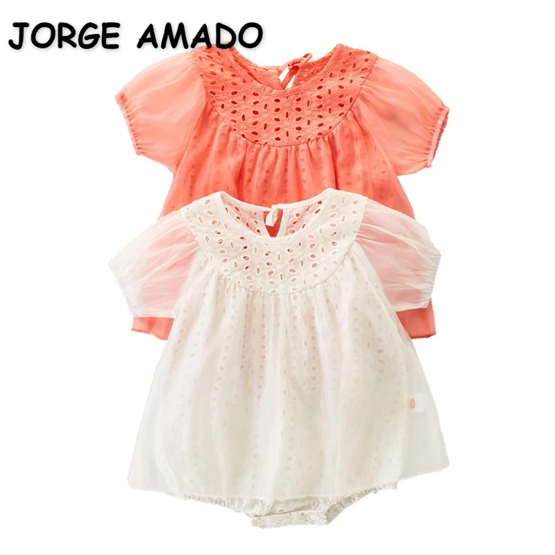 

2022 Summer Baby Girl Bodysuit Short Sleeves Orange Red White Round Collar Short Mesh Sleeves Jumpsuit Newborn Clothes E2256