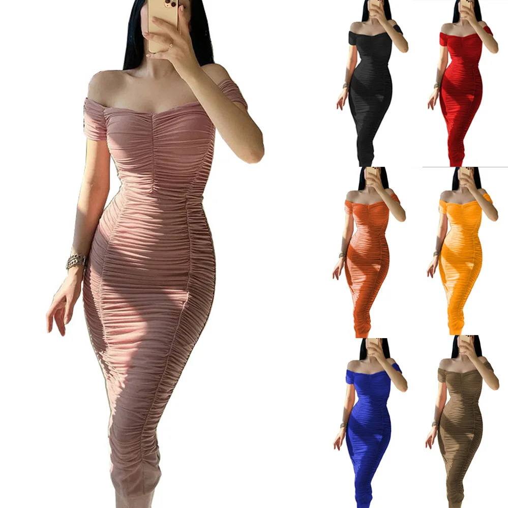

New European-style solid color long skirt temperament elegant summer women's skirt one-line shoulder pleated dress