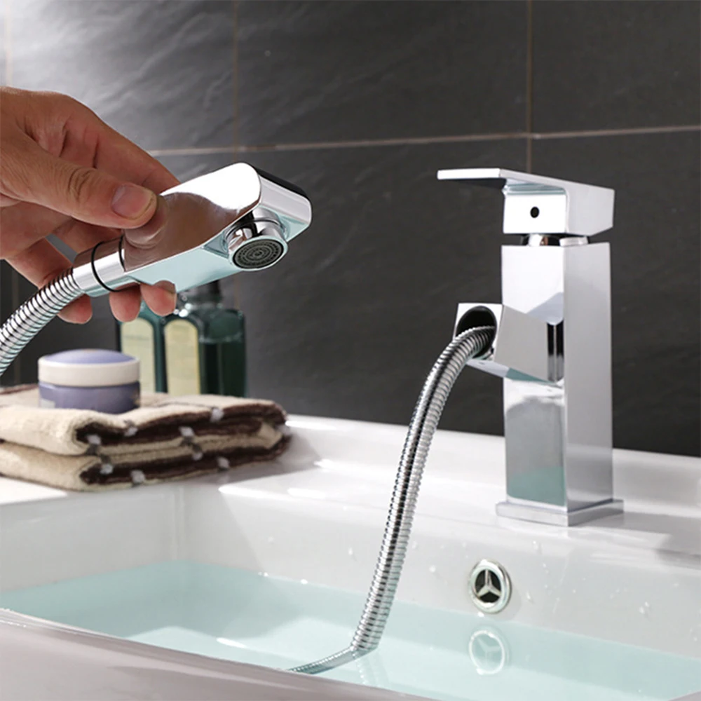 

SKOWLL Bathroom Sink Faucet with Pull Out Sprayer Modern Vanity Faucet Single Hole Basin Mixer Faucet, Polished Chrome PX-32