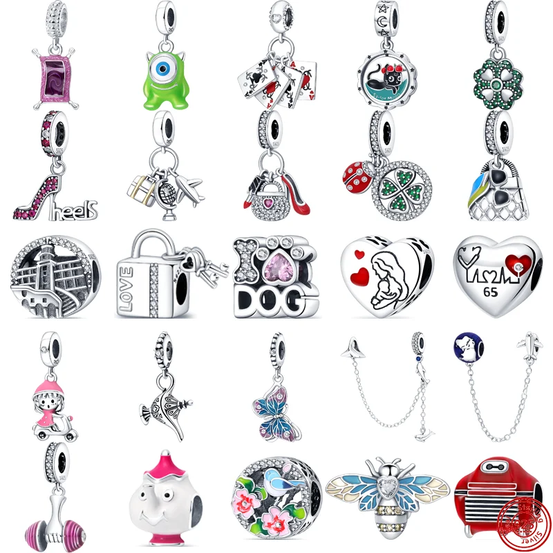 

925 Silver High Heels Lipstick Handbag Playing Cards Clover Beads Fit Original Pandora Charms Bracelet Luxury Women Jewelry Gift
