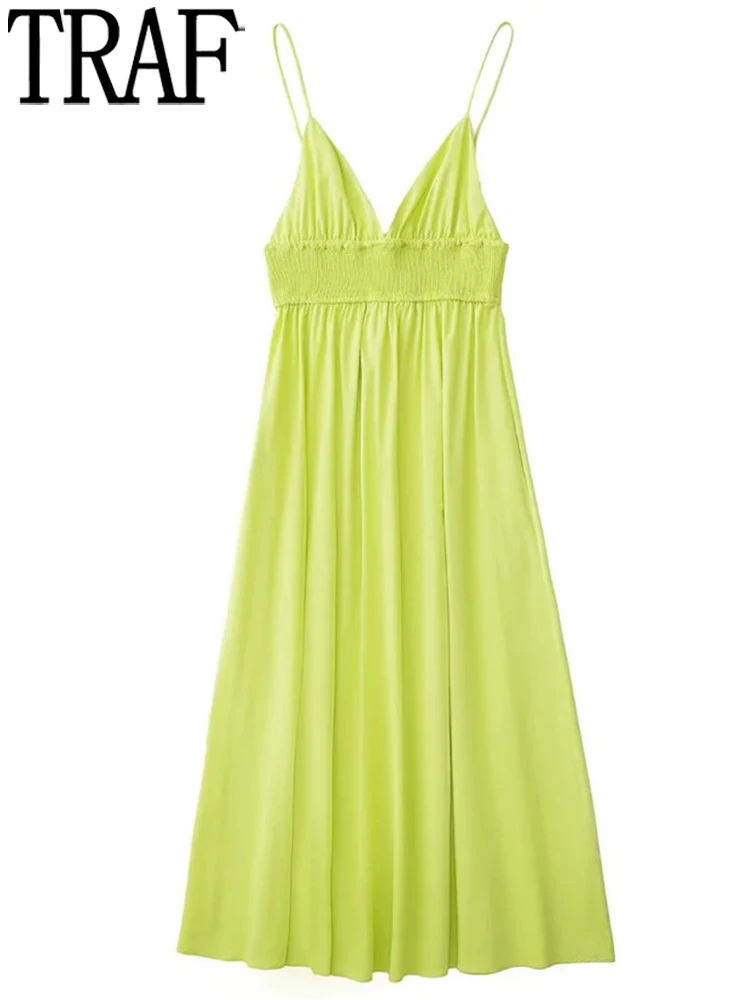 

TRAF Slip Long Dress Women Green Backless Dress Woman Ruched Sleeveless Summer Dresses Woman 2022 Poplin Midi Casual Dresses