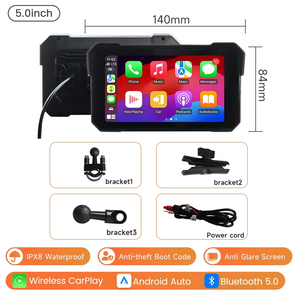 

Портативный мотоциклетный экран, беспроводной CarPlay, Android, GPS-навигация, мультимедийный плеер, IPX7, водонепроницаемый экран, Bluetooth, TPMS