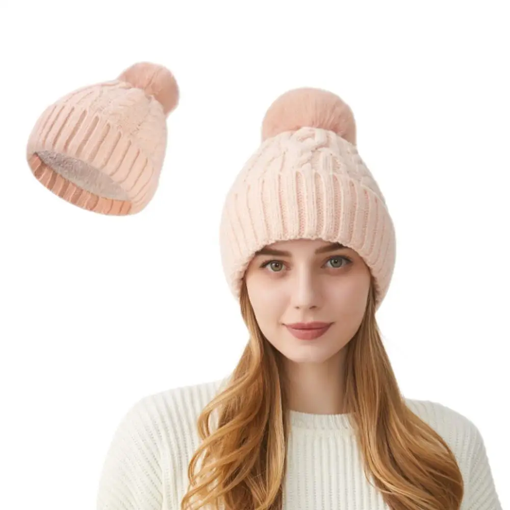 Женская вязаная шапка-бини с помпоном из искусственного меха утолщенная