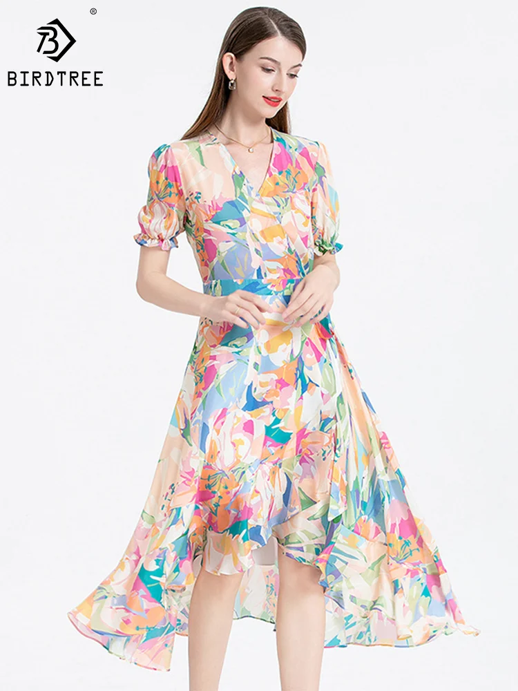Birdtree 100% Mulberry Real Silk Dress Female Summer V-neck Print Half Sleeves Elegant Pretty Women's Dresses Clothing D36533QM
