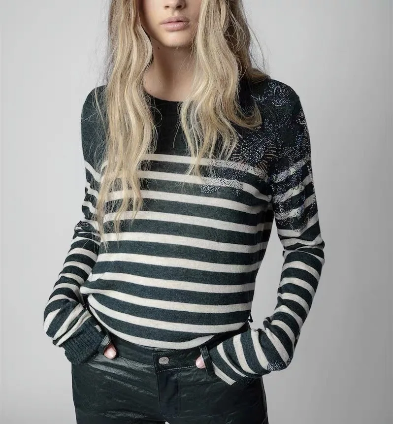 

Butterfly Hot Rhinestones Women Sweater Stripes Fashion Jumper Female O-neck Wool and Cashmere Pullover 2022 Autumn