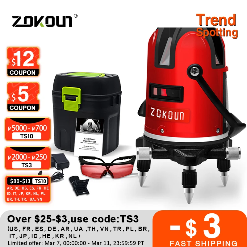 

US PLUG New 2017 ZOKOUN model 05RCD 5 lines 6 points 360 rotary Self-leveling tilt slash functional cross laser line leveling
