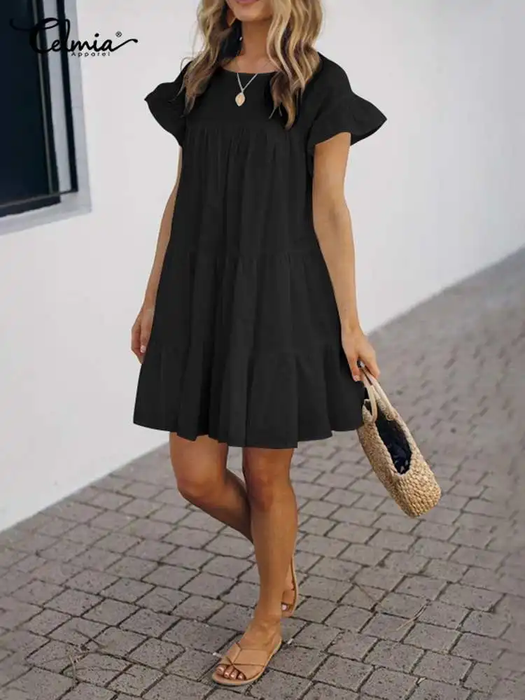 

Celmia 2022 Summer Streetwear Vestidos Solid Short Sleeve Bohemian Loose Sundress Women Ruffled Casual Fashion Mini Dress