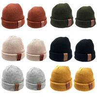 baby knit hat for boys girls autumn winter warm kids beanie adult children parent child hats newborn baby cap with leather label